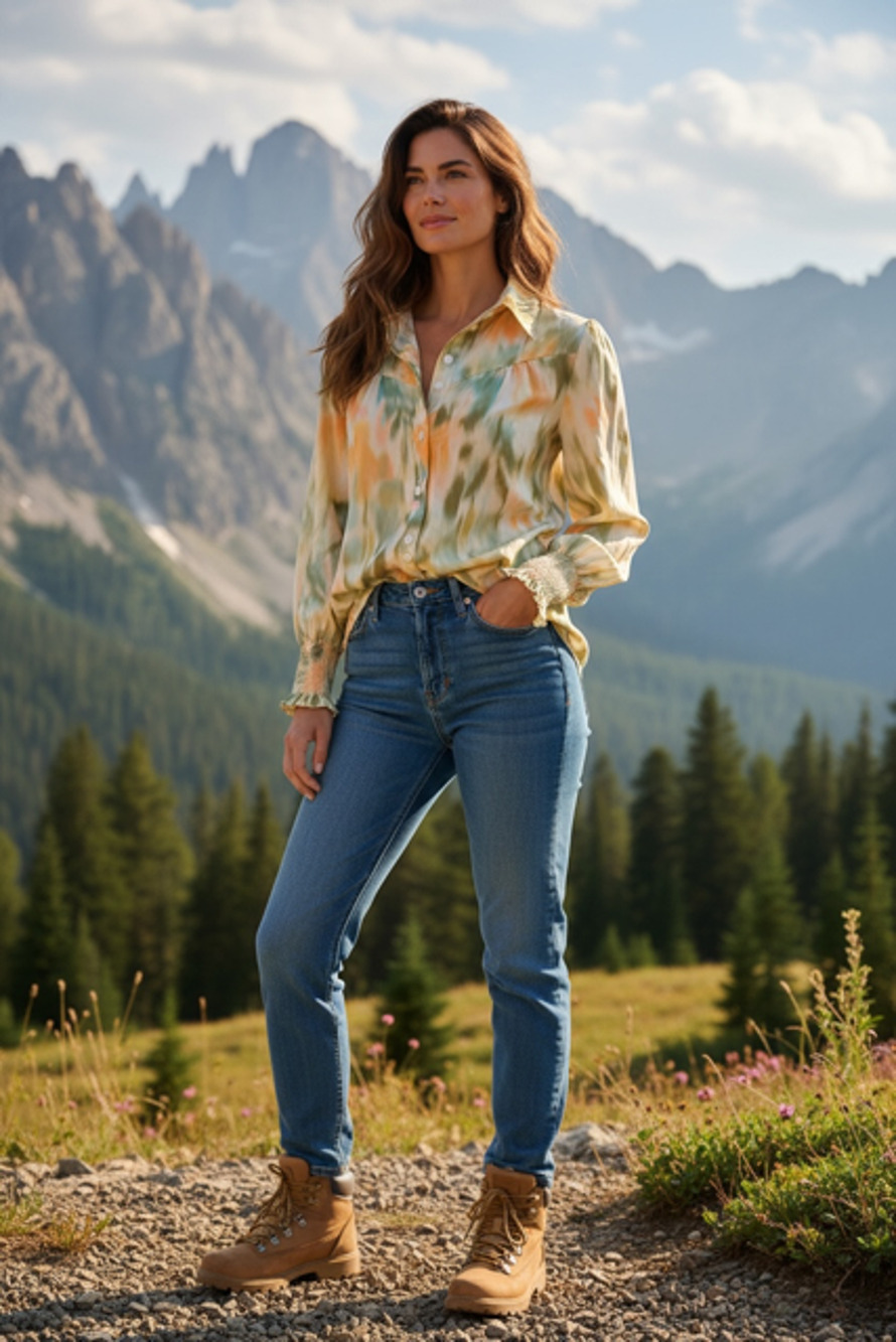 Sage & Sunrise Button Down Blouse with Smock Cuffs - XLarge